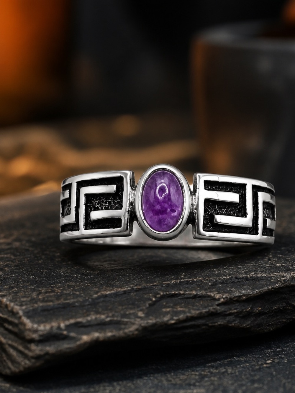 Size 9.5 Peter Stone signed Amethyst Greek Key 925 Sterling Silver Ring
